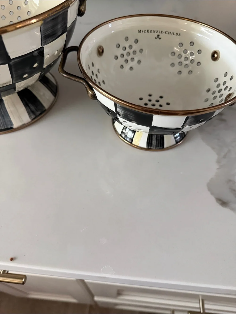 McKenzie Childs Enamel Colanders.Cream with Bronze Trim. Set of 2 Pieces Bk & Wh